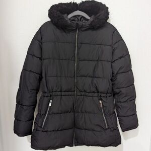 GAP Black Women's Hooded Puffer Coat Faux Fur Trim Elastic Cinch Waist Large